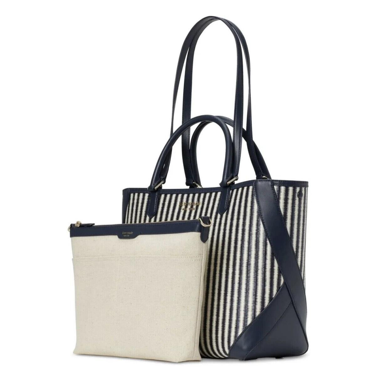 Kate Spade Buddie Striped Straw Small Tote with Zip Pouch - Blazer Blue Multi