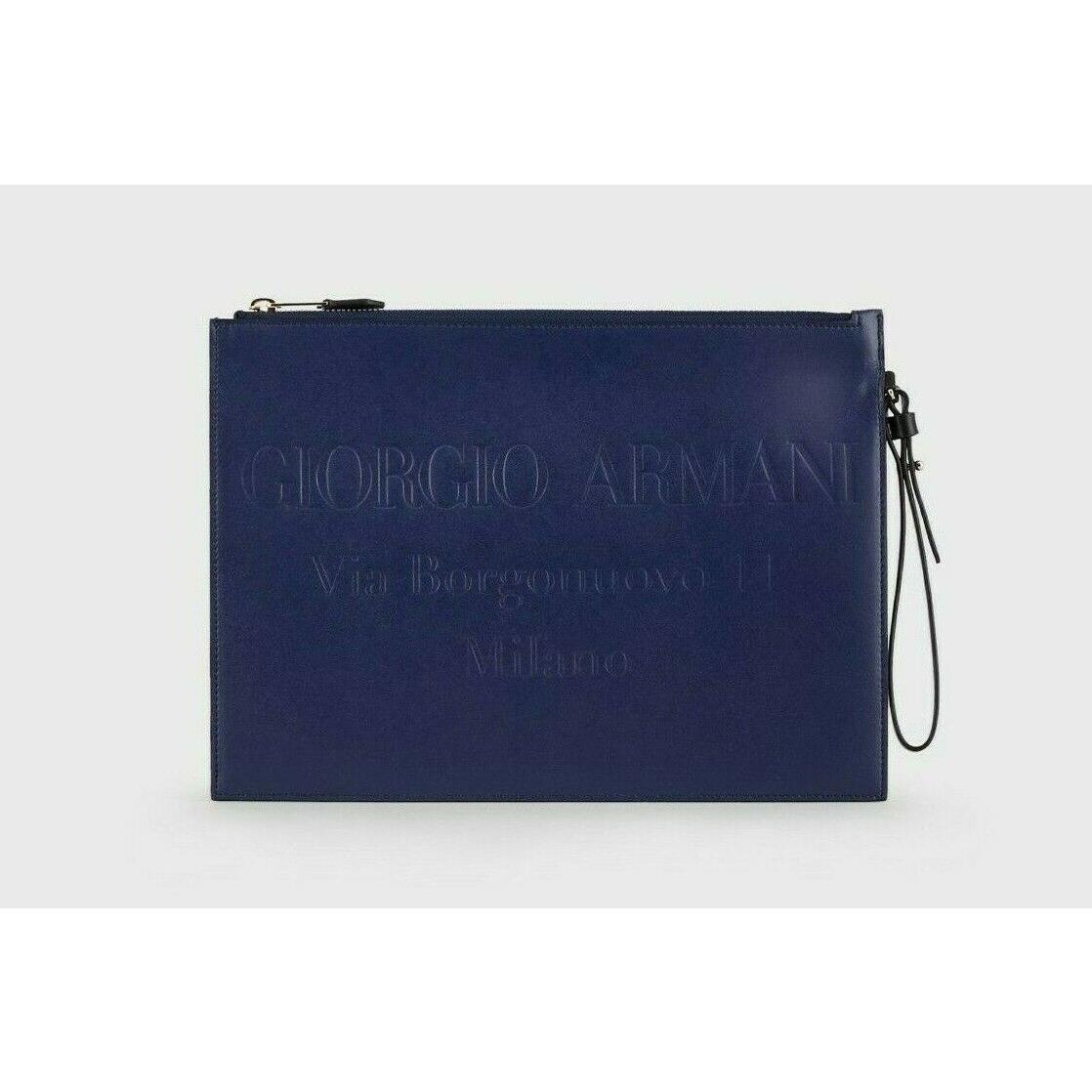 Giorgio Armani Women`s Blue Bovine Leather Tone on Tone Logo Pochette Pouch