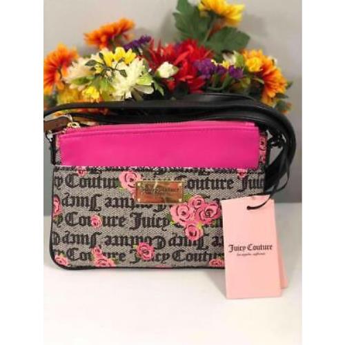 Juicy Couture Black Pink Flowers Leather Pull Out Pouch Crossbody