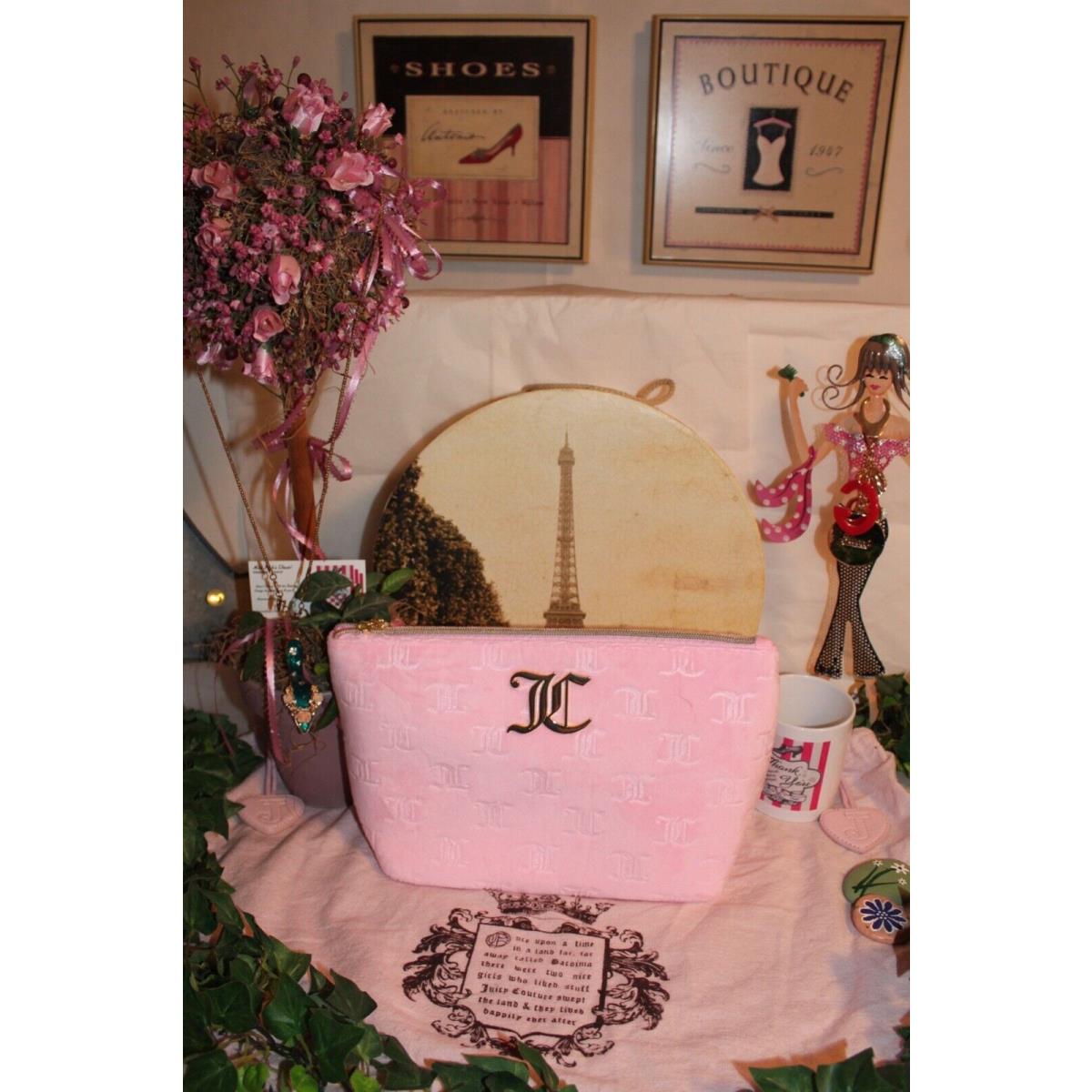 Chic Juicy Couture Pink Velour JC Monogram Cosmetic Large Clutch