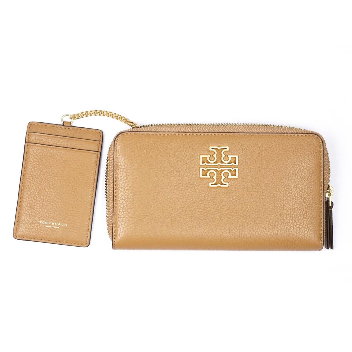 Tory Burch Britten Tan Pebbled Leather Zip Continental Wallet with Card Case