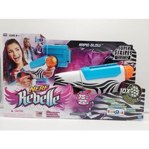 Nerf Rebelle 75 ft Super Stripes Blaster Rapid Glow Darts Rare Toys R US Boxdmge