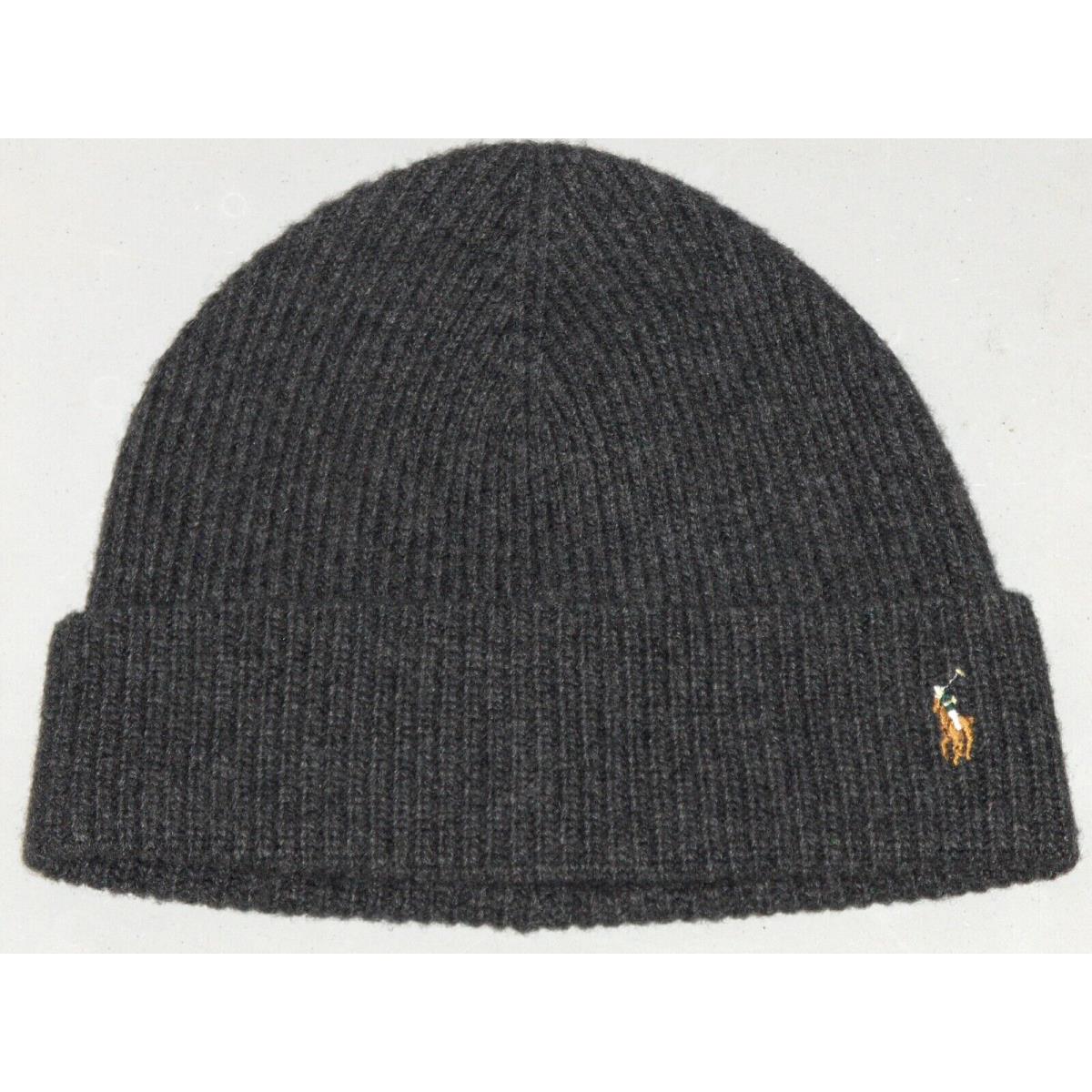 Polo Ralph Lauren Men`s Wool Rib Knit Pony Beanie Hat Watch Cap Charcoal Gray