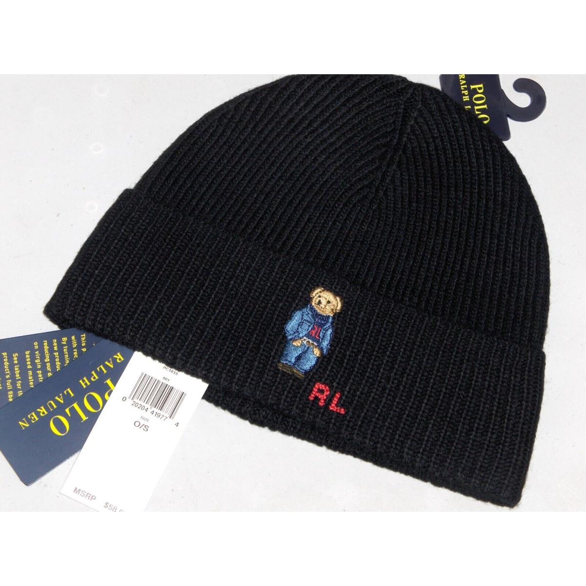 Polo Ralph Lauren Men`s RL Sweater Denim Bear Beanie Hat Watch Ski Cap Black