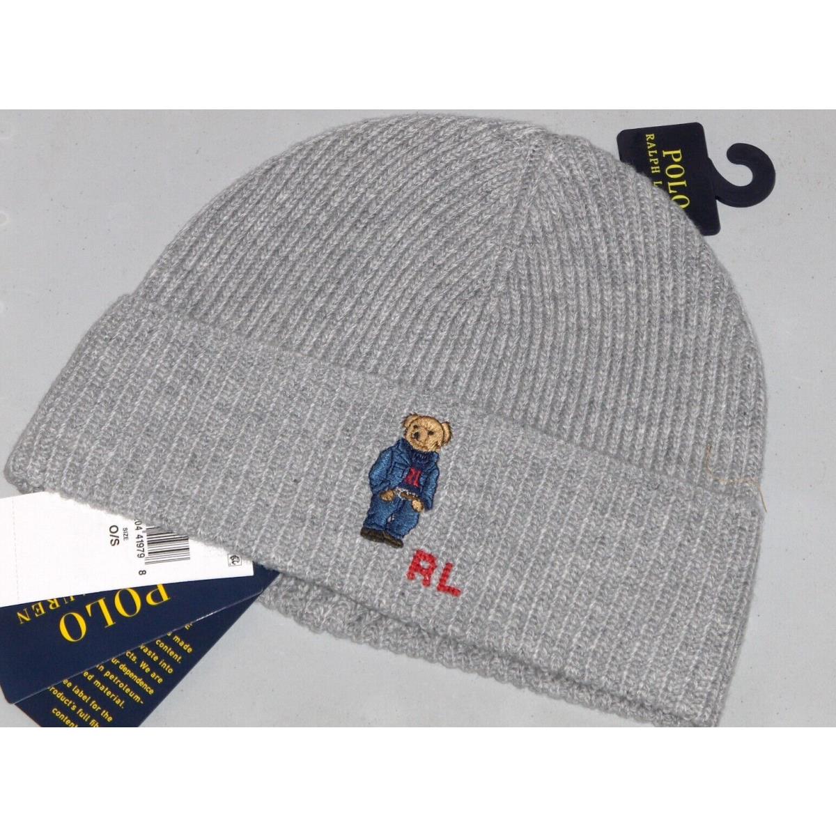 Polo Ralph Lauren Men`s RL Sweater Denim Bear Beanie Hat Watch Ski Cap Gray