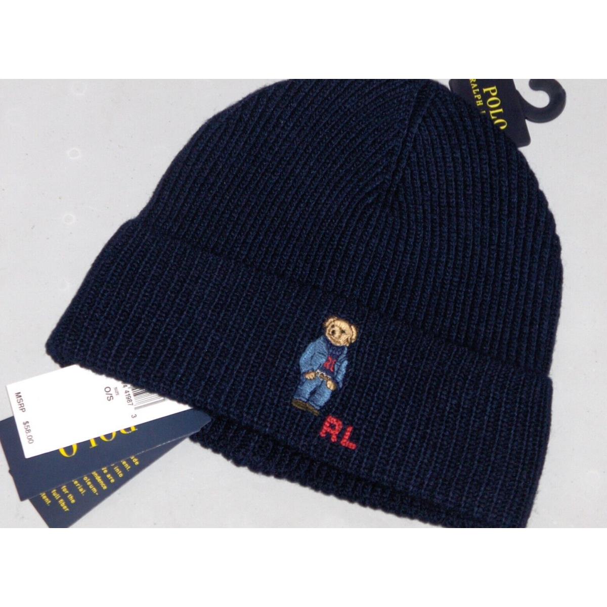 Polo Ralph Lauren Men`s RL Sweater Denim Bear Beanie Hat Watch Ski Cap Navy Blue