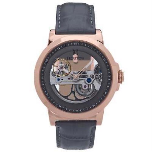 Heritor Automatic Xander Semi-skeleton Leather-band Watch - Rose Gold/gray