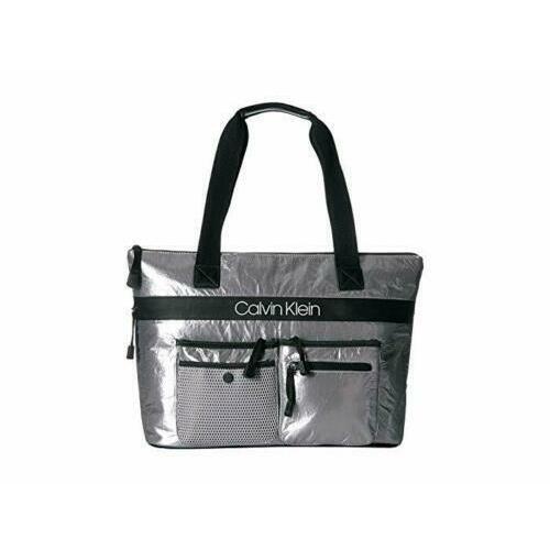 Calvin Klein Tabbie Nylon Tote Grey Silver Black Trim Orig. Retail - Exterior: Silver
