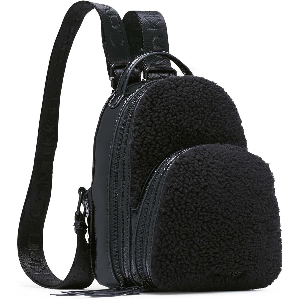 Calvin Klein Estelle Mini Backpack Patent Sherpa Black Dome Double-zip-around