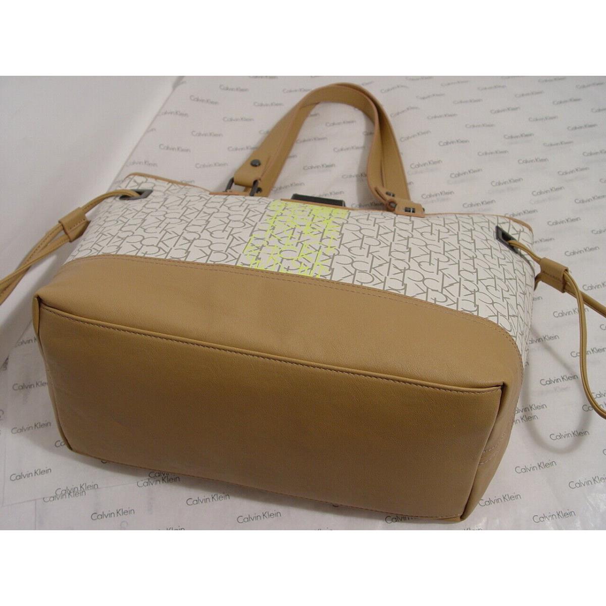 Calvin Klein Logo Print White Gray Neon Yellow Tan Large Tote Handbag Purse