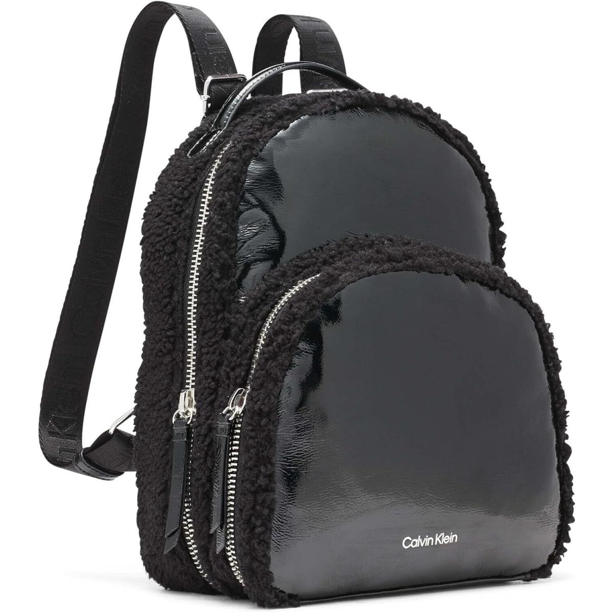 Calvin Klein Estelle Backpack Patent Sherpa Black Dome Double-zip-around