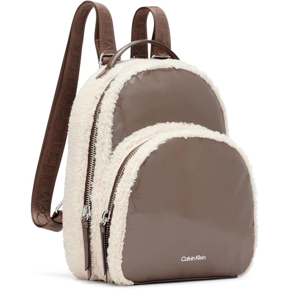 Calvin Klein Estelle Backpack Patent Sherpa Taupe Dome Double-zip-around