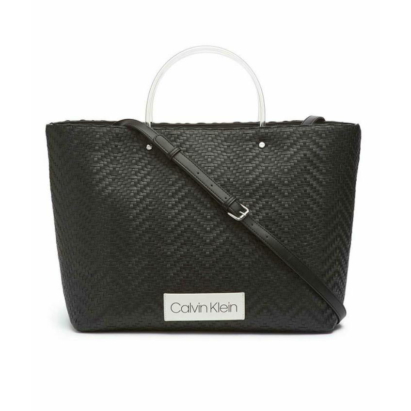 Calvin Klein XL Tote Morgan Woven Novelty Large Black Handbag Snap Closure - Exterior: Black