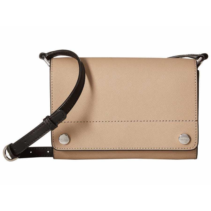 H53 Calvin Klein Beige Susan Saffiano Leather Flap Crossbody Handbag
