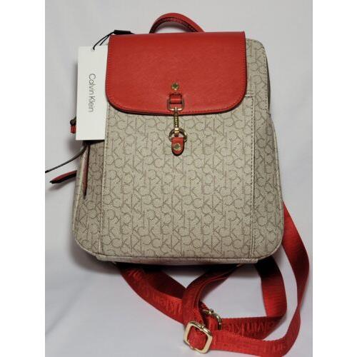 Calvin Klein Hudson Monogram Signature Backpack Purse Red Tan