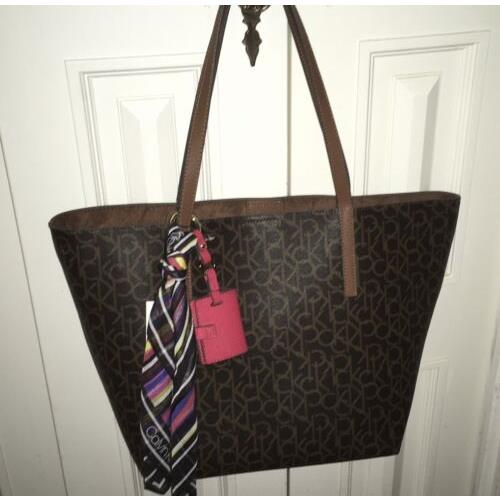 2 PC Calvin Klein Large Tote + Wallet Womens Brown Monogram Logo