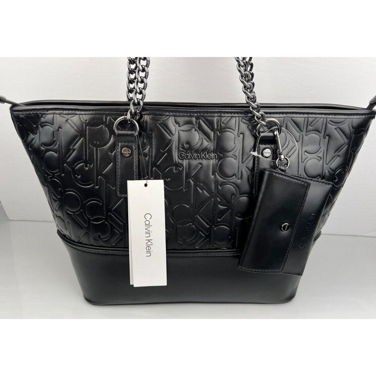 Calvin Klein 2 IN 1 Tote W/card Case Black Leather Handbag