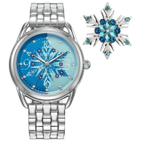 Citizen Women`s Eco-drive Disney Frozen Blue Dial Crystal 36mm Watch Pin Set
