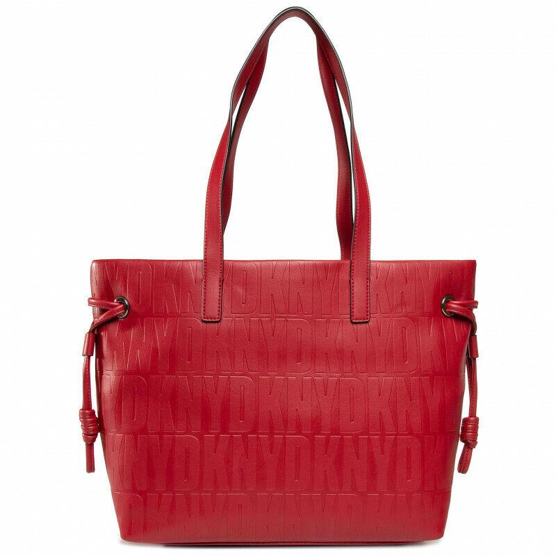 Dkny Jude Tote Red Tonal Signature Logo Embossed Drawstring Sides Zip Top Lined