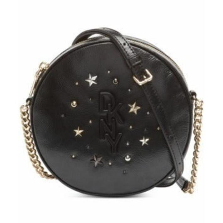 Dkny Krescent Black Leather Canteen Star Stud Crossbody Gold Strap