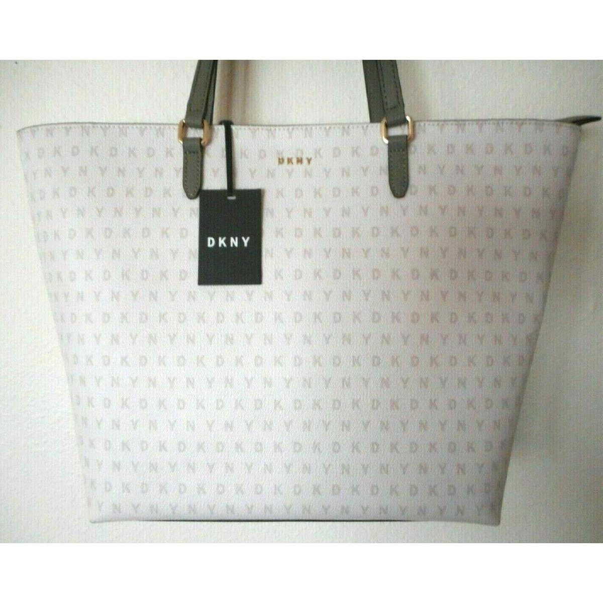 Dkny Cream White Grey Olive Logo Shoulder Tote Handbag Purse