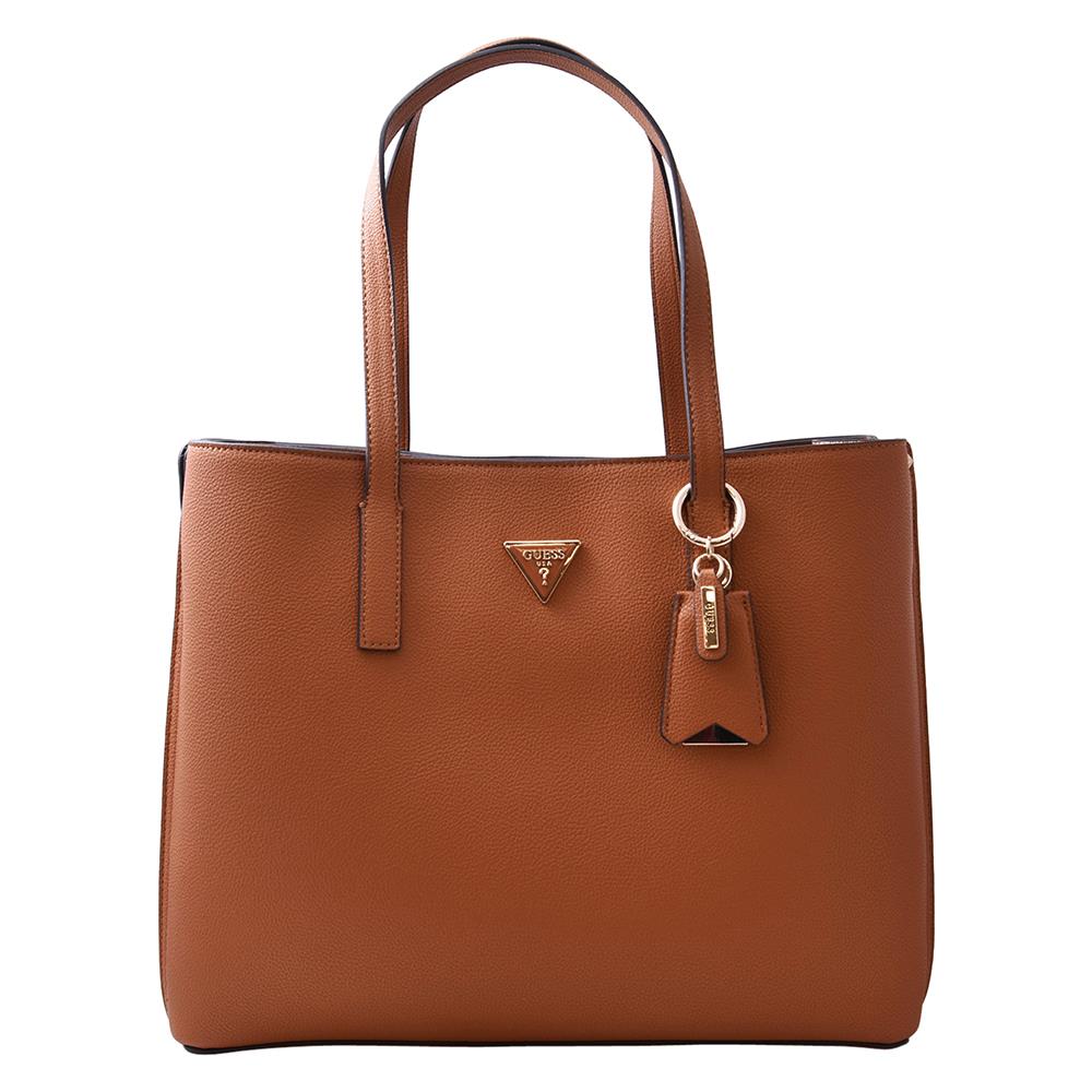 Guess Meridian Women`s Girlfriend Tote Handbag Cognac Pebble Signature