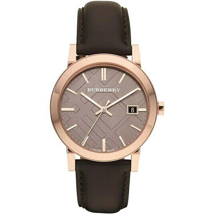 Burberry BU9013 Classic 38 mm Rose Tone Swiss Unisex Watch - Dial: Brown / Check, Band: Dark Brown, Bezel: Rose