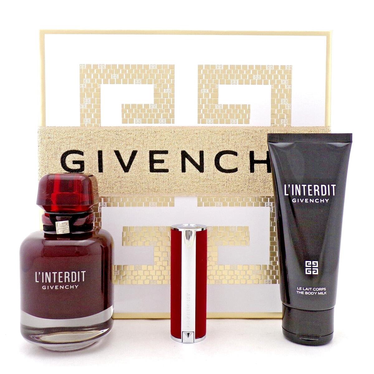 L`interdit Givenchy 2.7 Oz. Edp Rouge Spray+2.5oz B/Milk+3.4 g Lipstick. Set