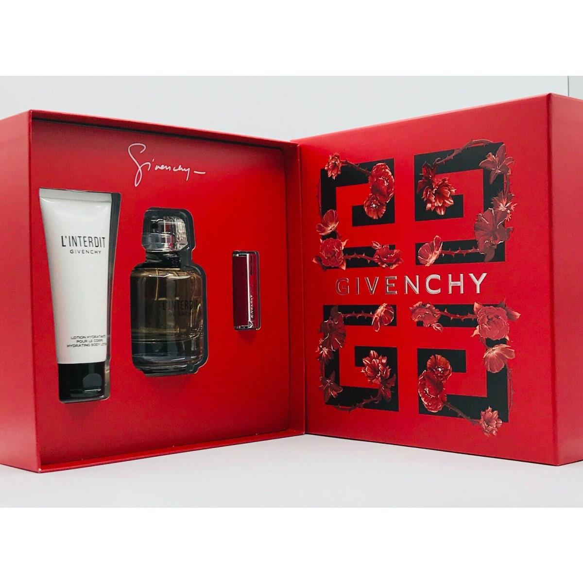 Givenchy L` Interdit Women Parfum Spray 2.7 oz Body Lotion 2.5 Le Rouge Lipstick