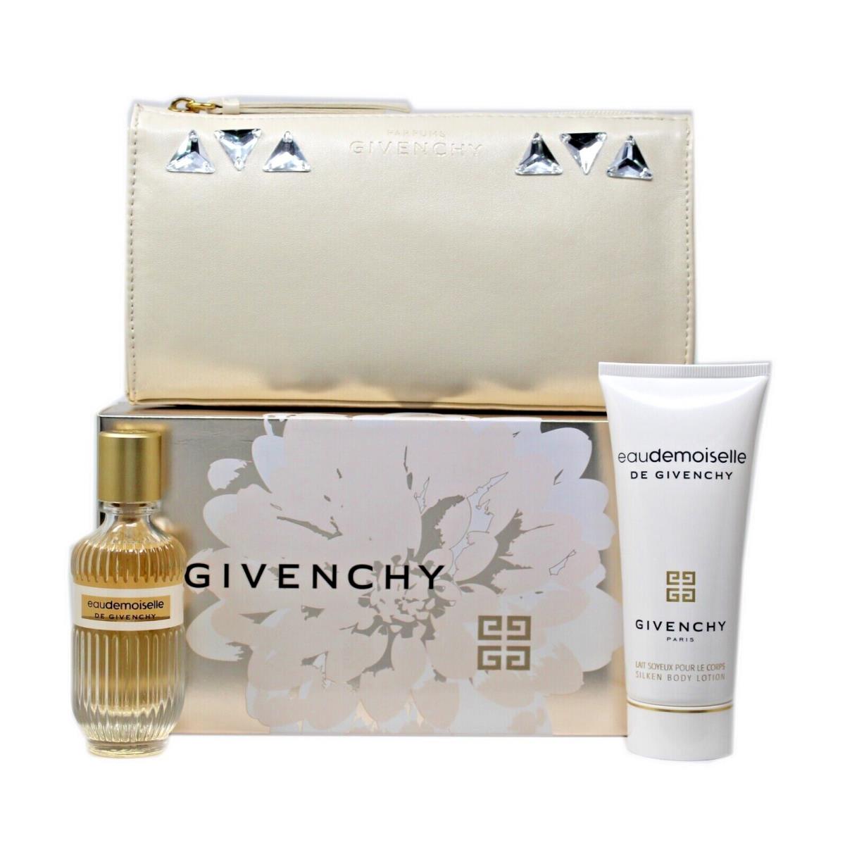 Eaudemoiselle De Givenchy Set 1.7oz Edt Spray + 3.3oz Silk Body Lotion + Trousse