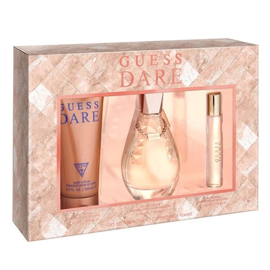 Guess Dare For Women 3pc Gift Set 3.4 oz Edt + 0.5 oz Travel Spray + Body Lotion