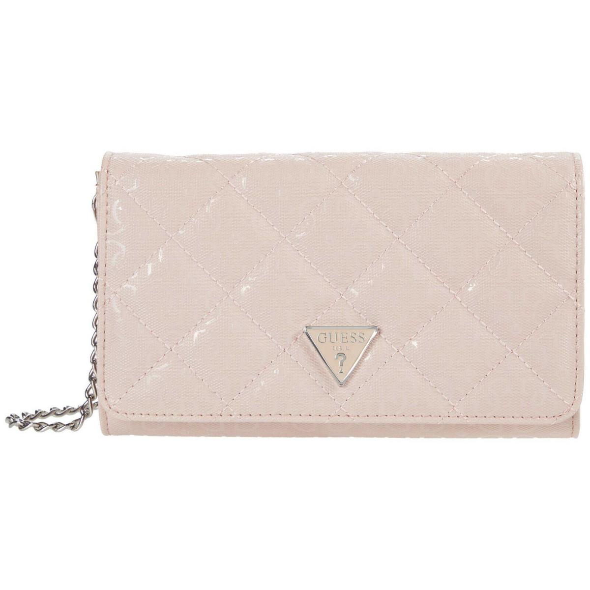 Guess Women`s Blush Pink Glossy Patent Quilted Chain Wallet Crossbody Purse