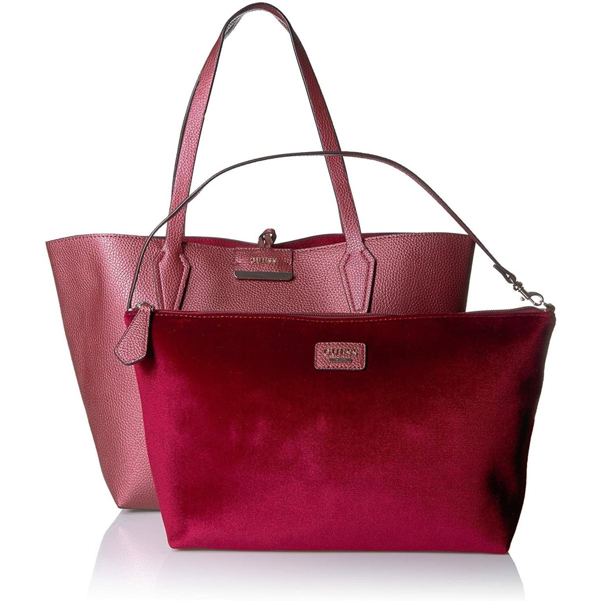 Guess Bobbi 2-in-1 Reversible Red Pink Velvet Tote Handbag Removable Pouch