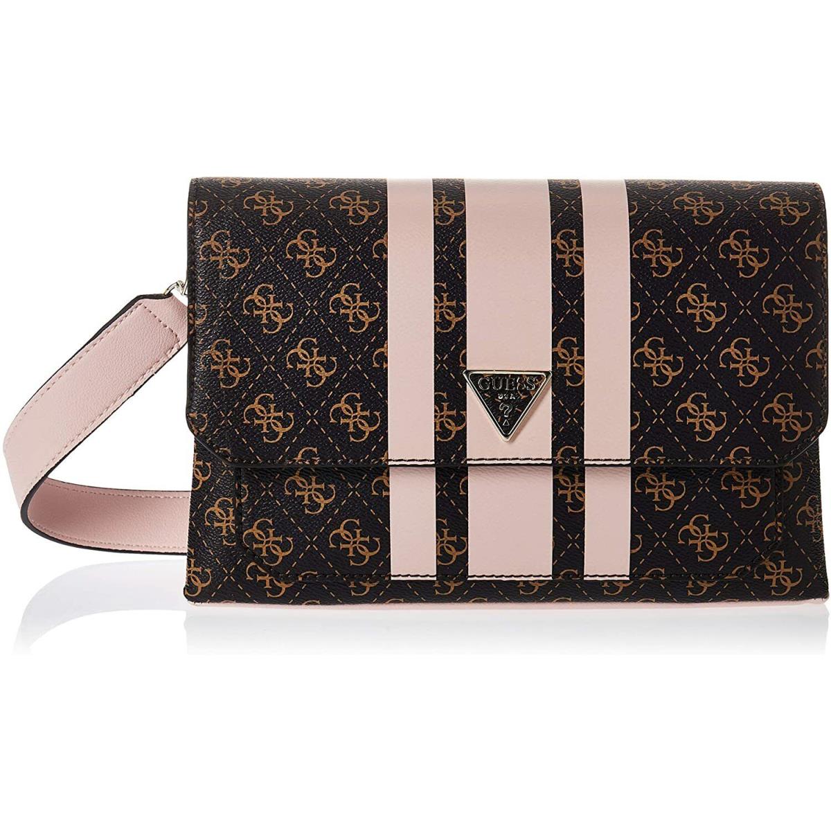 Guess Women`s Brown Logo Print Pink Stripe Small Crossbody Purse Handbag