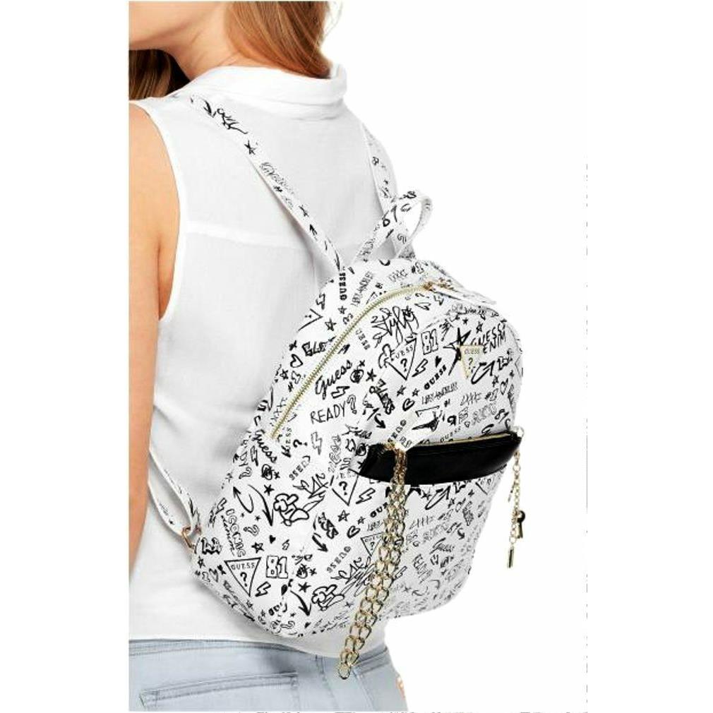 Guess Lucianna Black White Logo Graffiti Print Chain Backpack Handbag