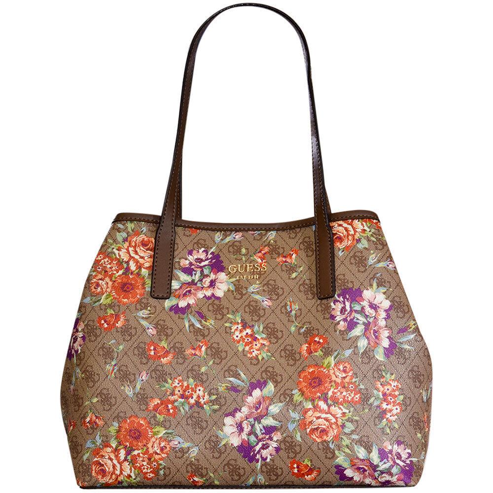 Guess Women`s Vikky Handbag Latte Logo/floral Tote 2PC Set W/convertible Pouch