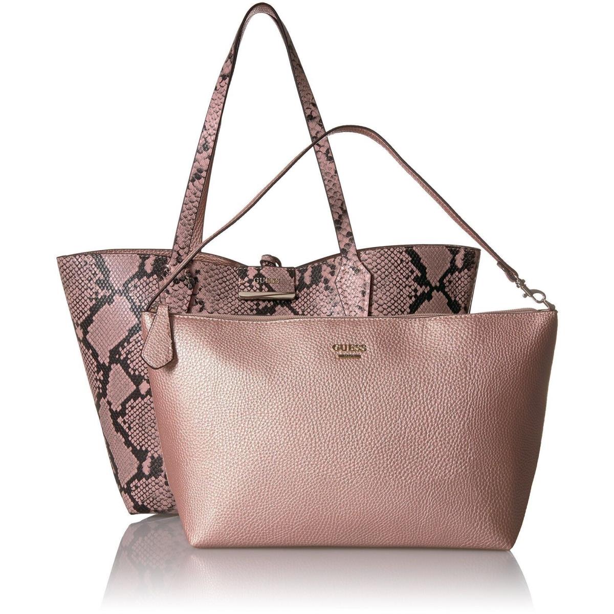 Guess Bobbi Pink Snake Print Inside Out Reversible 3 in 1 Tote Handbag Set