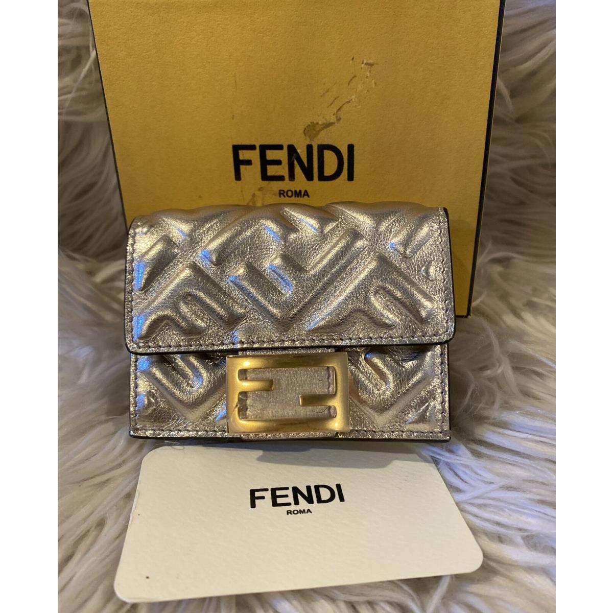 Fendi Metallic Logo Leather Trifold Mini Baguette Wallet Champagne Color