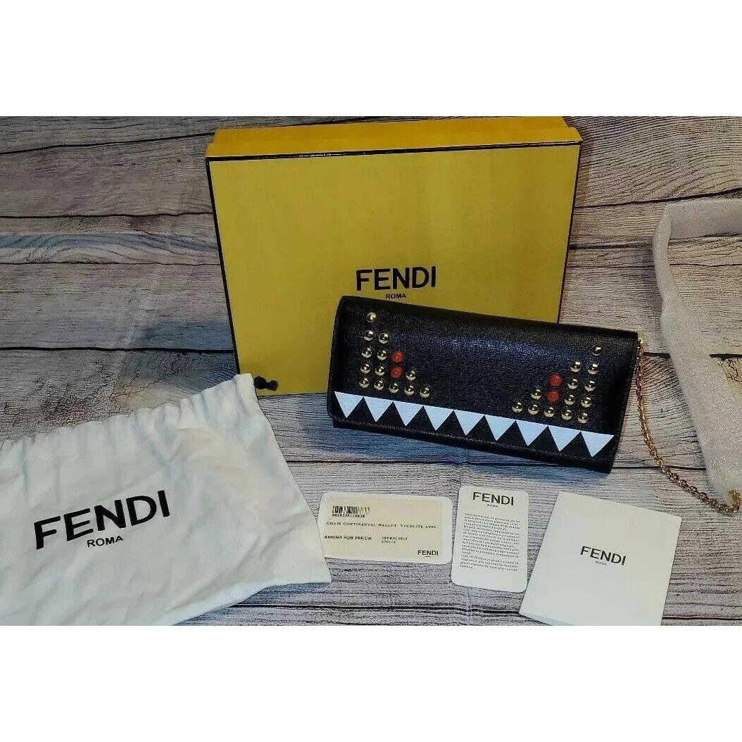 Fendi Continental Wallet On Chain Studs Black/red Leather Clutch