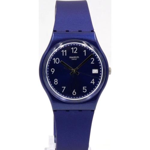 Swiss Swatch Essentials Silver IN Blue Silicone Date Watch 34mm GN416 - Dial: Navy blue metallic, Band: Navy blue metallic, Bezel: Navy blue metallic