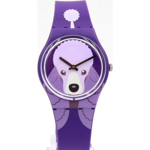 Swiss Swatch Originals I Love Your Folk Purple Poodle Silicone Watch 34mm GV133