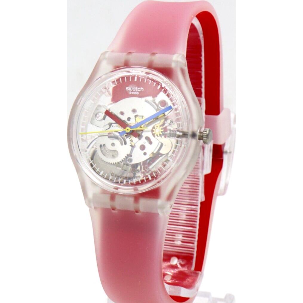 Swiss Swatch Originals Monthly Drops Clearly Red Striped Watch 34mm GE292