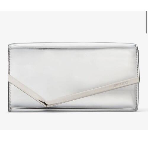 Jimmy Choo Emmie Patent Leather Metallic Silver Clutch-on-chain + Box