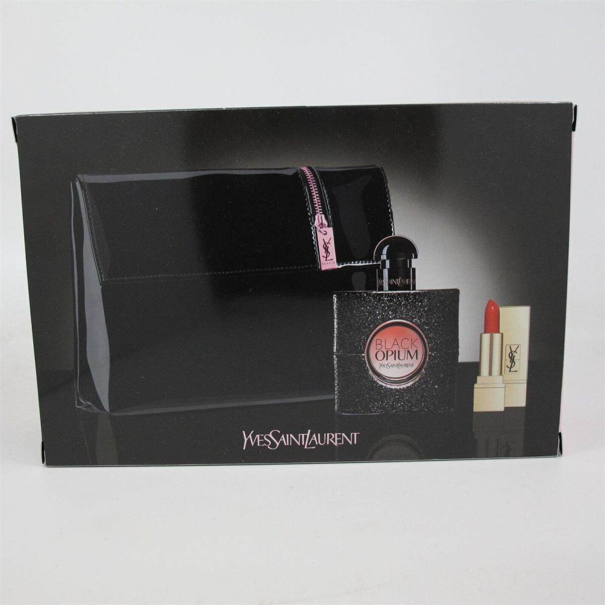 Opium Black by Yves Saint Laurent 3 Pc Set: 1.6 oz Edp Spray Lipstick Bag