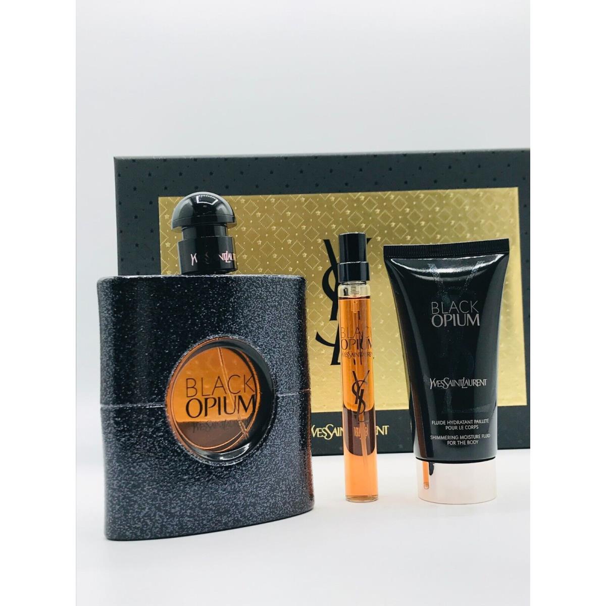 Yves Saint Laurent Ysl Black Opium Women 3pc Set Parfum Spray 3.0 oz Shimmering Lotion Travel Spray