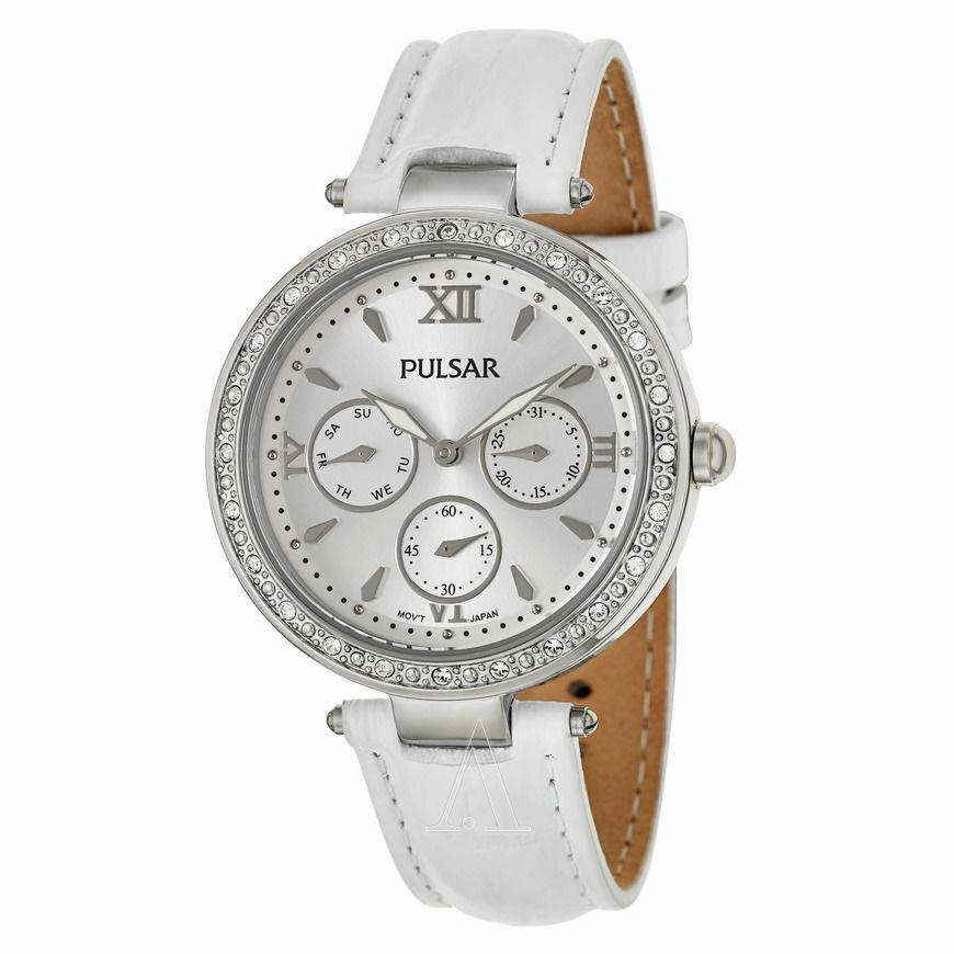 Pulsar PP6115 Womens Dress Crystal/bezel Silver Dial Calendar White Leather B