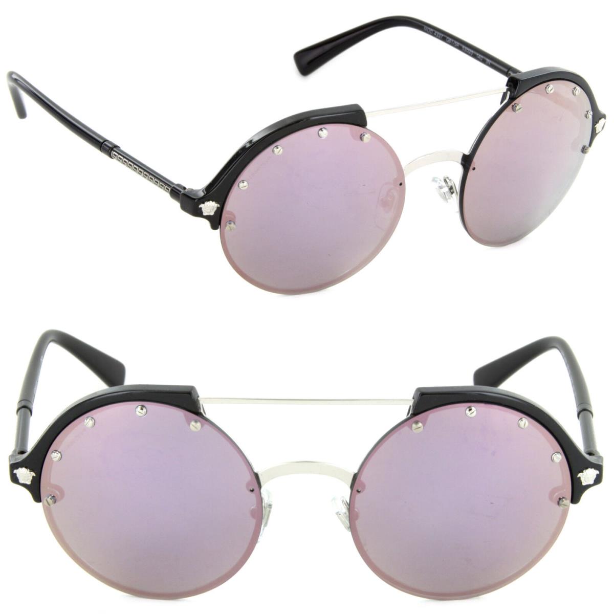 Versace VE4337-GB1/5R Round Sunglasses Silver/black/dark Grey Mirror Pink Lens