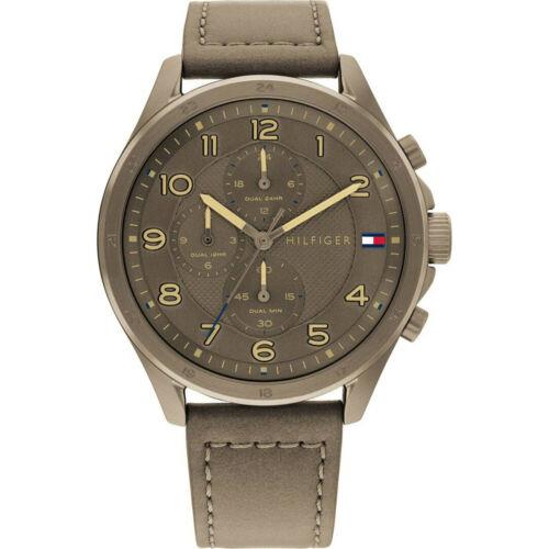 Tommy Hilfiger Men`s Watch Axel Dual Time Khaki Leather Strap 1792005