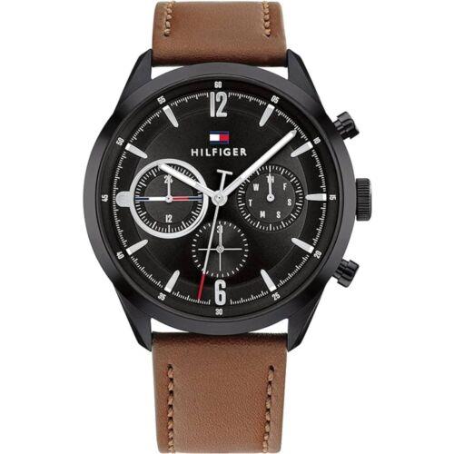 Tommy Hilfiger Men`s Watch Matthew Black Dial Brown Leather Strap Quartz 1791942