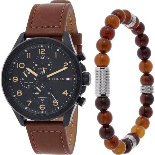 Tommy Hilfiger Men`s Watch and Bracelet Gift Set Black Dial Dual Time 2770153